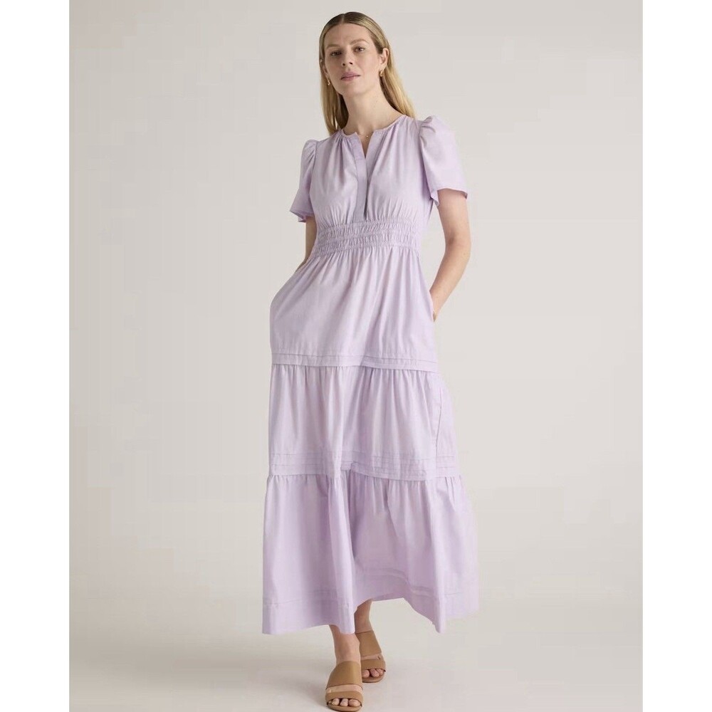 Quince New Women 100% ORGANIC COTTON Poplin Tiered Maxi Dress LARGE Pastel Lilac